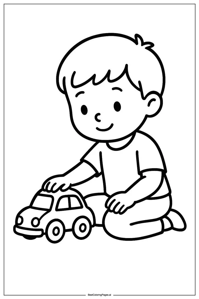 Tranh tô màu Bé trai đang chơi ô tô đồ chơi | BestColoringPages AI