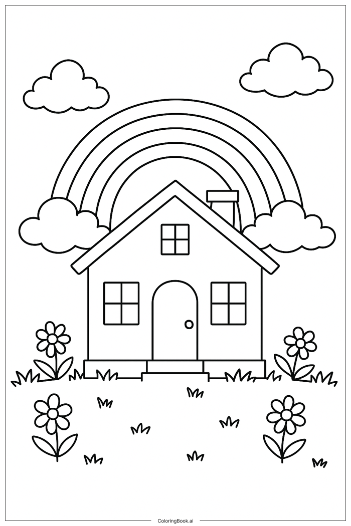 Trang Tô Màu Một ngôi nhà dưới cầu vồng (Có thể In Miễn Phí dưới định dạng  PDF & PNG)