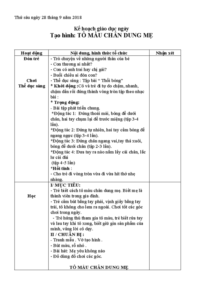 Kế Hoạch Hoạt Động Giáo Dục: Tô Màu Chân Dung Mẹ - Studocu