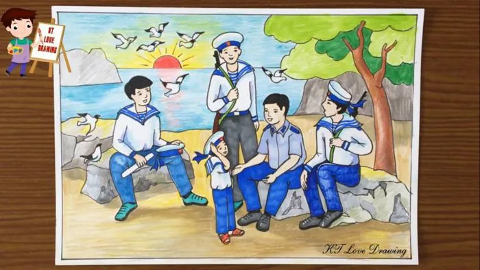 Vẽ tranh đề tài bộ đội: Em tập làm chiến sĩ hải quân | Vẽ chú hải quân,  Hình tượng bộ đội trong sáng tạo mĩ thuật, Tranh biển đảo việt nam