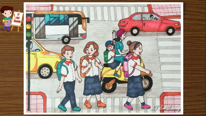 Vẽ tranh đề tài: An toàn giao thông - Qua đường đúng quy định / Cách vẽ  tranh an toàn giao thông.