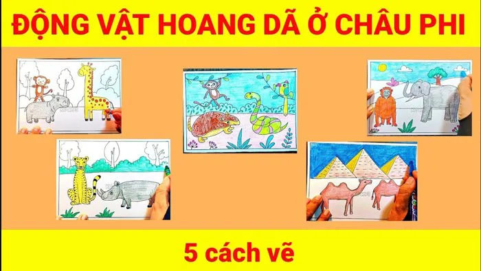 vẽ động vật hoang dã ở châu phi - mĩ thuật lớp 5 - vẽ khu rừng thân thiện -  vẽ tê tê, rắn, khỉ, chim