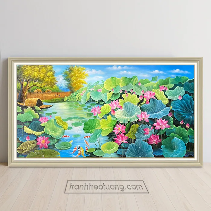 Tranh đẹp vẽ phong cảnh đầm sen quê hương xanh tốt TDQ655