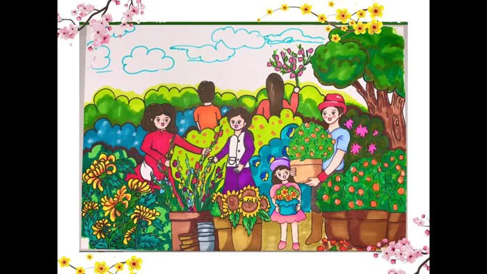 VẼ TRANH ĐỀ TÀI MÙA XUÂN : CHỢ TẾT QUÊ EM