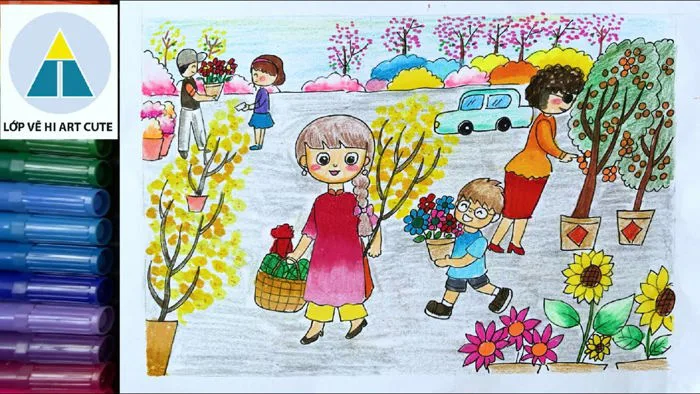 Vẽ tranh đi chợ hoa ngày Tết | Vẽ tranh chợ tết | Vẽ tranh ngày tết và mùa  xuân