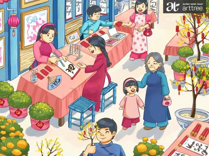Hướng dẫn] Vẽ tranh chợ tết đơn giản, tổng hợp 9+ tranh đẹp nhất - Xưởng  Nghệ Thuật ART TREE