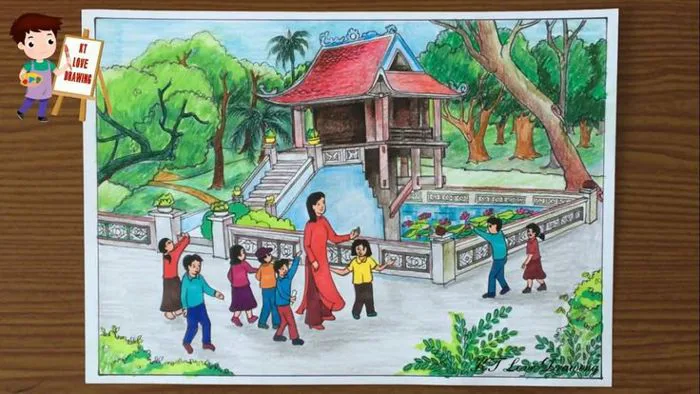 Vẽ tranh phong cảnh chùa Một Cột | Vẽ tranh ước mơ làm hướng dẫn viên du  lịch
