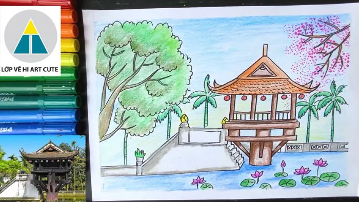 Hướng dẫn vẽ Chùa Một cột | Vẽ tranh phong cảnh quê hương Việt Nam