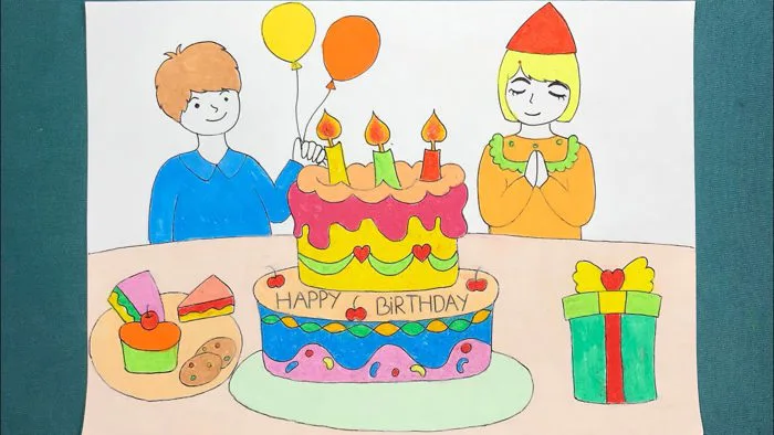 VẼ TRANH SINH NHẬT VUI VẺ | vẽ chiếc bánh sinh nhật | draw a birthday cake