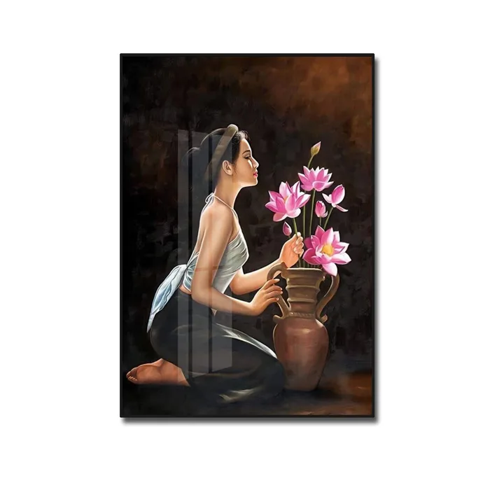 Mẫu tranh treo tường cô gái và hoa sen Amia24234