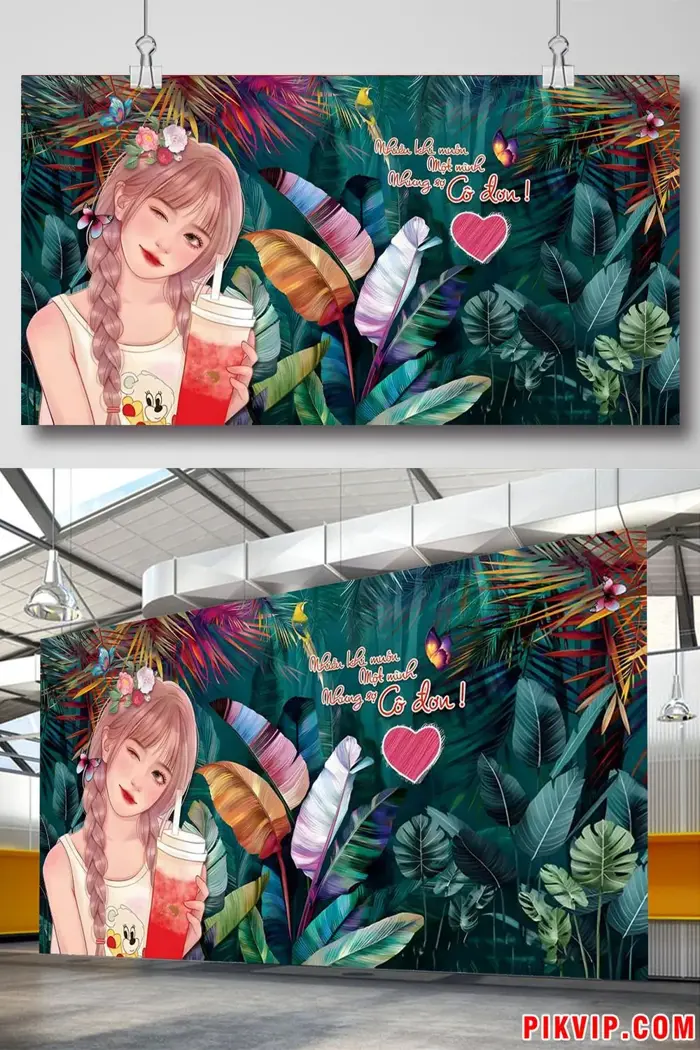 Hình Nền Hoạt Hình Cô Gái Dễ Thương Mộng Mơ Cùng Rừng Nhiệt Đới Đầy Màu Sắc